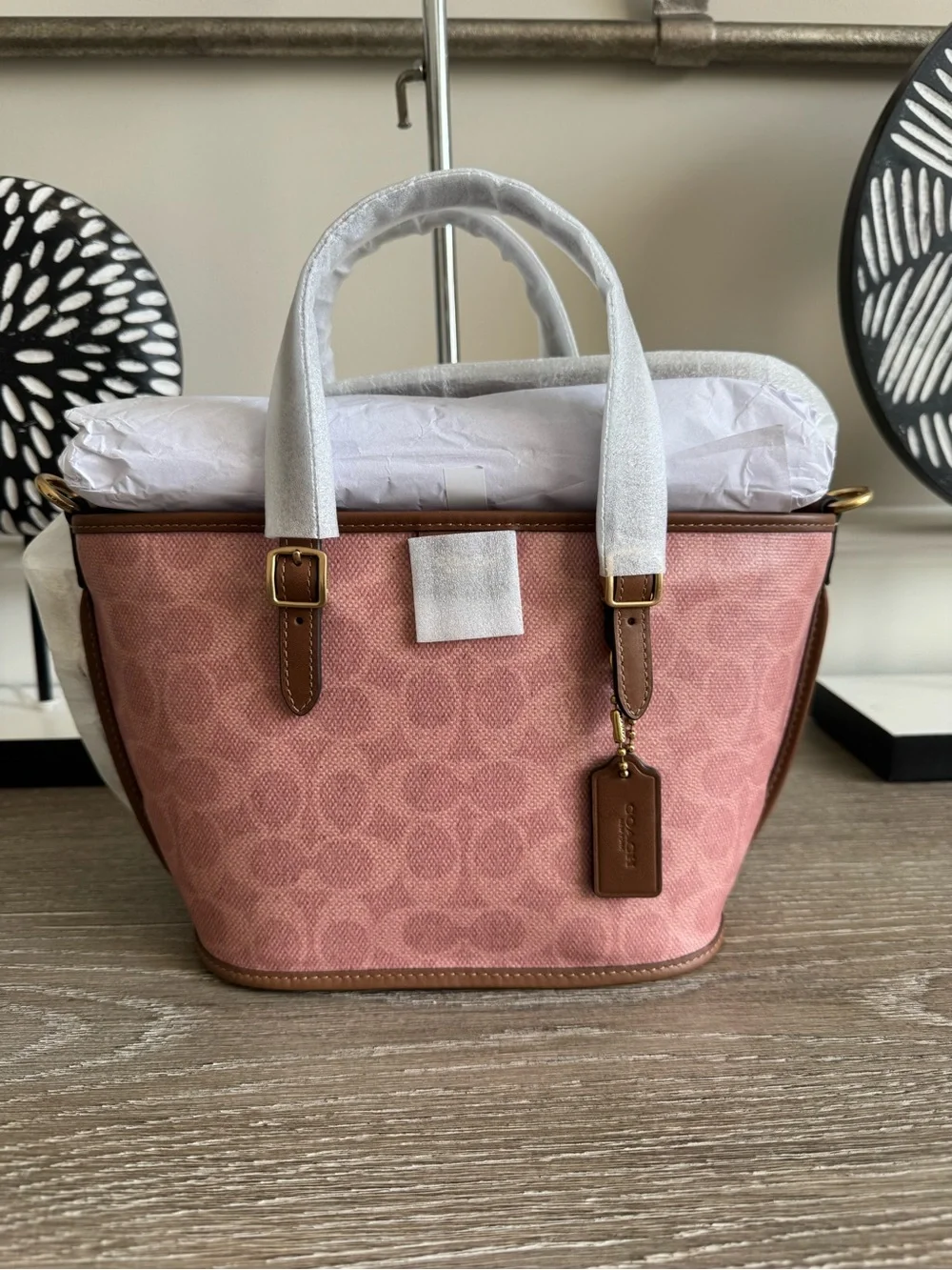 NWT Coach Taxi Pink Signature Canvas Tote with Brown Leather Accents